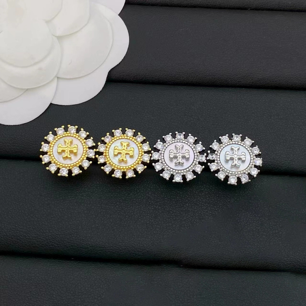 Tory Burch White Mother of Pearl Diamond Stud Earrings Silver Posts